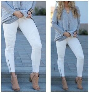 White Moto Legging Pants W/Ankle Zip